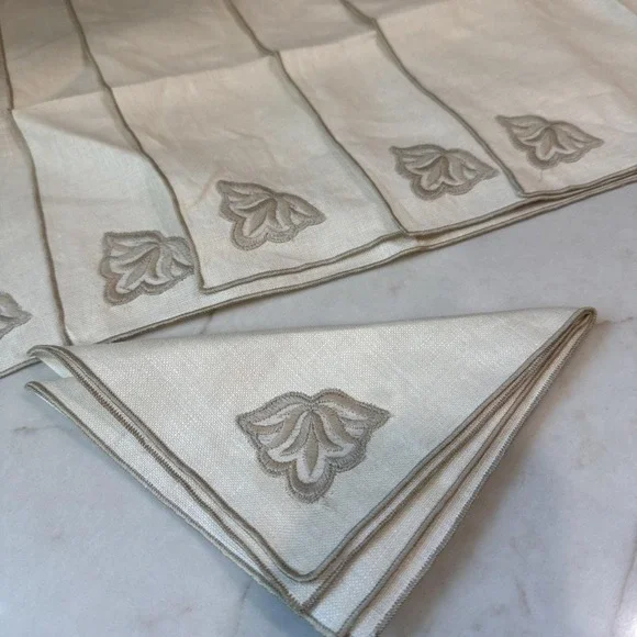 6 Vintage Linen Napkins Tone on Tone Embroidered Floral Tulip Farmhouse table