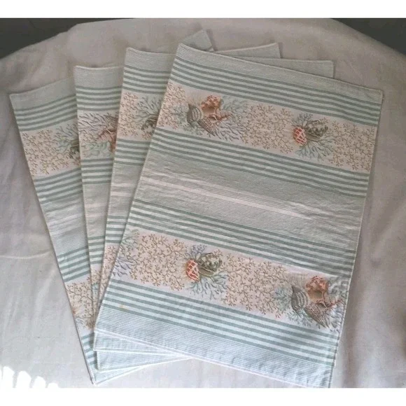 4 Fabric Table Placemats Seashells Coral Green Stripes Beach 12 x 17 Inches READ