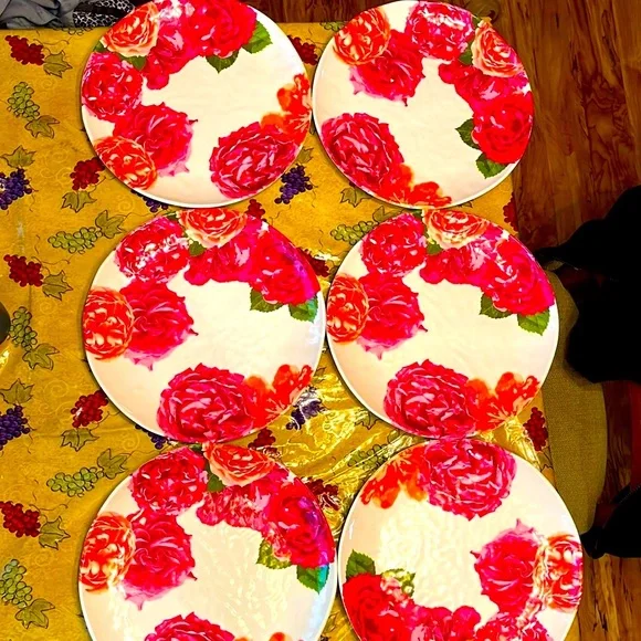 Set of 6 Sur La Table pink 11” floral rose camellia melamine dinner plates VGUC