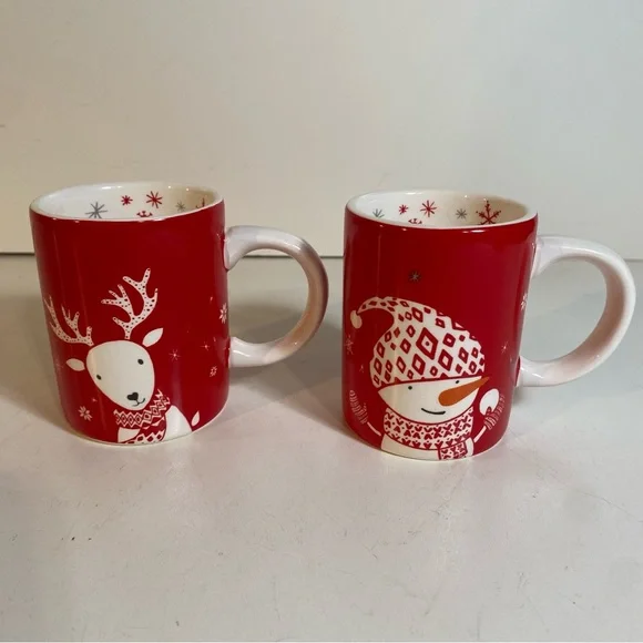 Set Of 2 Small Sur La Table Snowman & Reindeer Mugs 3.25” Height