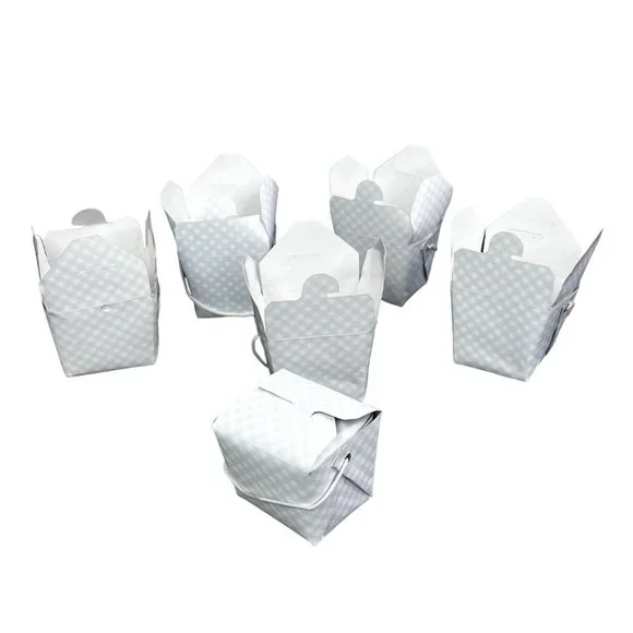 Lot 6 Mini Take Out Boxes Gingham Blue White Check Carrying Handle Gift Goody
