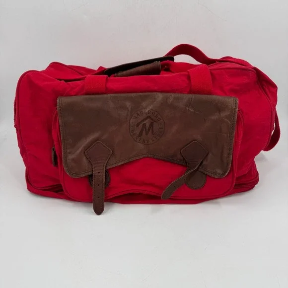Marlboro Country Store Duffel Bag Mens Large Red Vintage Leather Trim Western