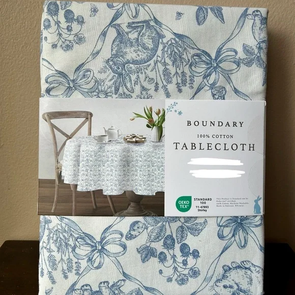 New Easter Bunny Rabbit Tablecloth Blue Floral 90” Round Cotton