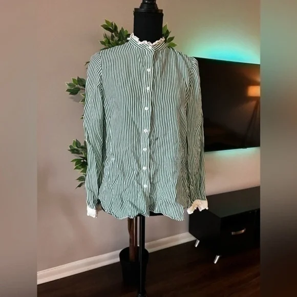 J.Crew Drapey Cupro Blend Ruffle Trim Striped Shirt White/Green size M