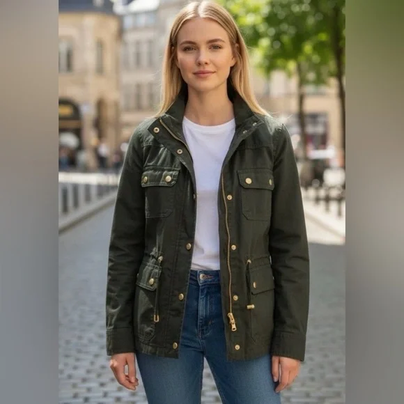 J. Crew Olive Green Utility Jacket with Gold-Tone Details XXS
