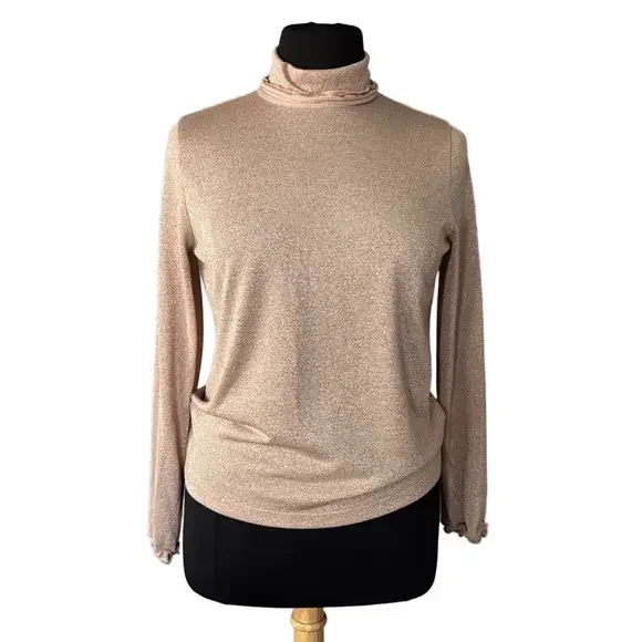 J. Crew Shimmering Beige Blush Knit Turtleneck Top with Ruffle hem
