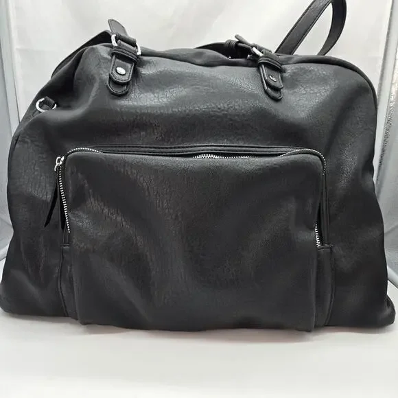 MADISON WEST BLACK VEGAN Faux LEATHER OVERNIGHT TOTE 19x6x14