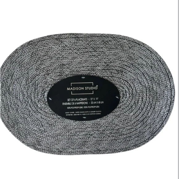 Madison Studio 6 pc Monochrome Oval Placemats 13in x 19in Black White