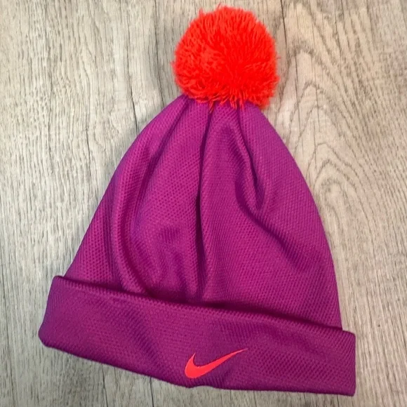 Youth Girls Nike Purple Beanie with Orange Pom
