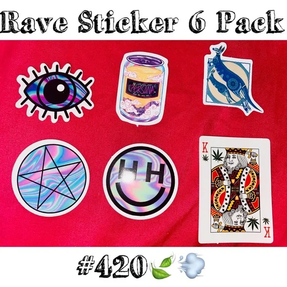 Super Cool Rave Stickers 6 Pack for Water Bottle, Laptop etc.