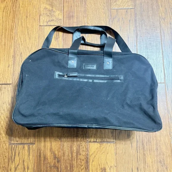 Y2K Calvin Klein Black Canvas Duffle Bag‎ Travel Weekender Gym Bag w Logo Patch