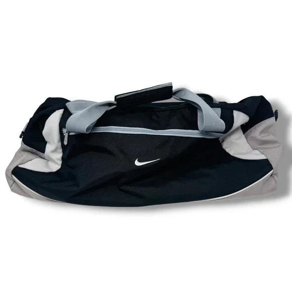 Vintage Nike Duffle Bag Black Gray White Swoosh Logo Gym Travel Carry On Sport