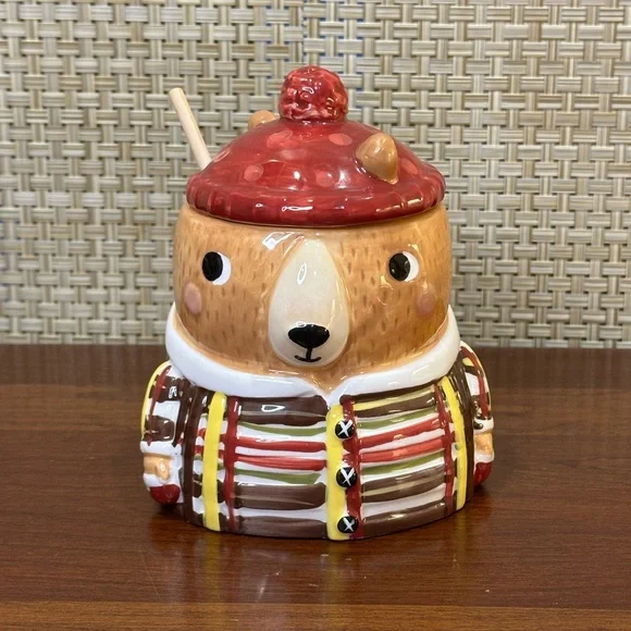 🌟2xHP🌟2020+ Sur La Table Ceramic Bear Honey Pot Wooden Dipper Woodland
