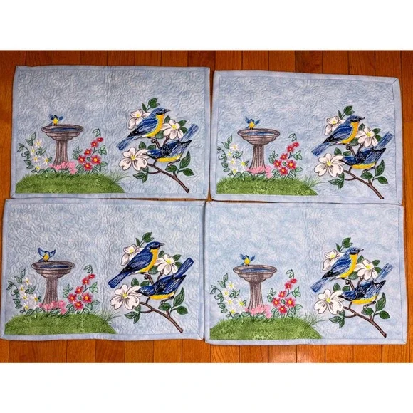 Set of 4 Quilted Embroidered Bluebird Birdbath Floral Placemats Light Blue