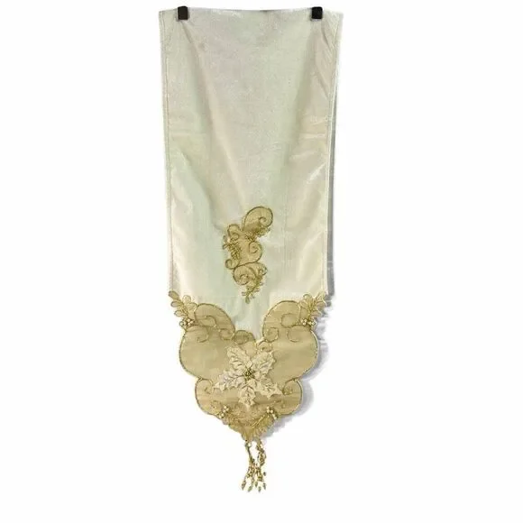 Vintage Holiday Table Runner Cream Gold 72” x 14” Holly Mistletoe Beaded Velvet