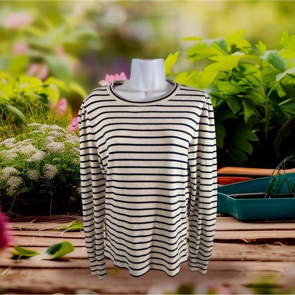 J. CREW Women's Puff Sleeve Striped Long Sleeve T-SHIRT Size Large Top