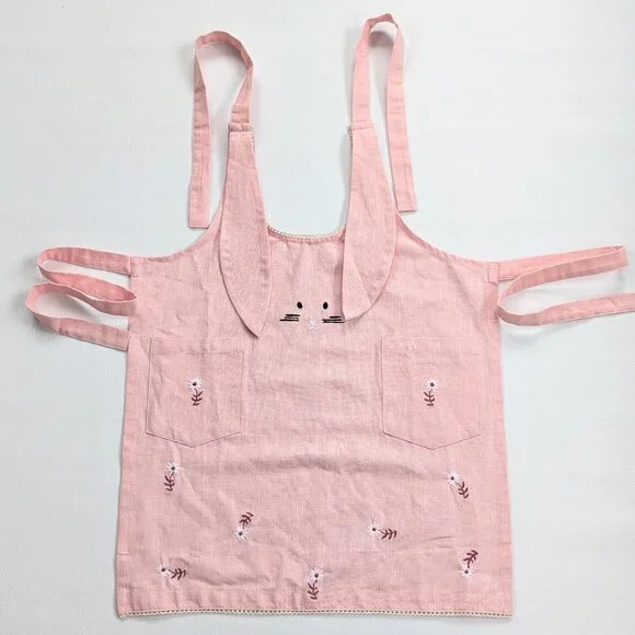 Sur La Table Girls Easter Bunny Apron Pink Floral Embroidered 7-10 Years Cotton