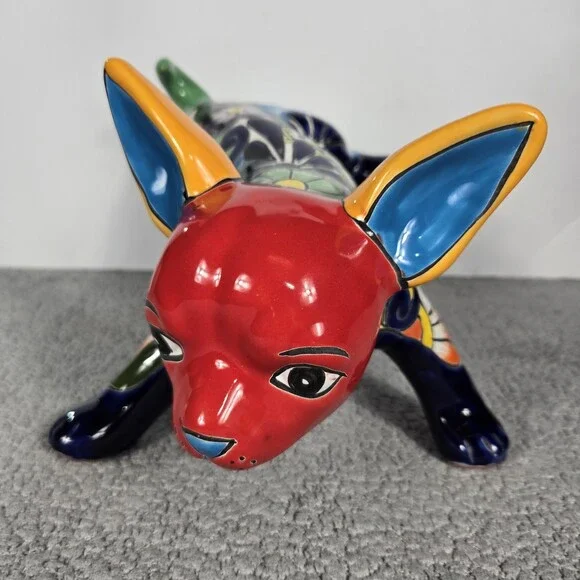 Talavera Peeing Chihuahua Mexican Pottery Art Hand Painted 8 x 9 X 12 In