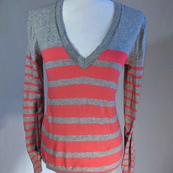 J. Crew Gray & Pink Striped Lightweight V-neck Long Sleeve Sweater