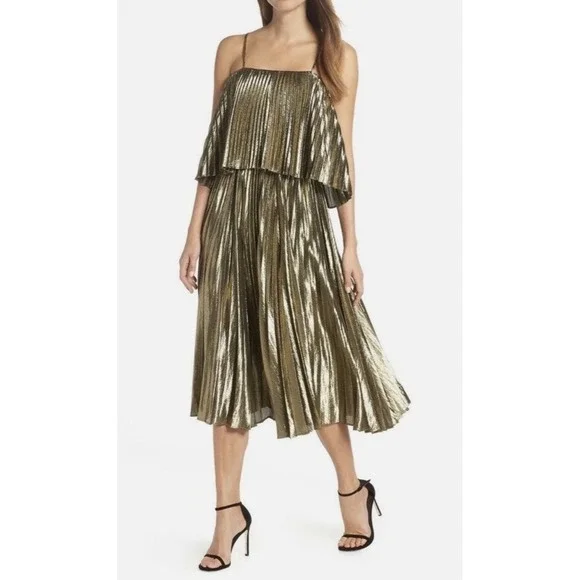 J. Crew Collection Goma Midi Dress Pleated Gold Lame Size‎ 0