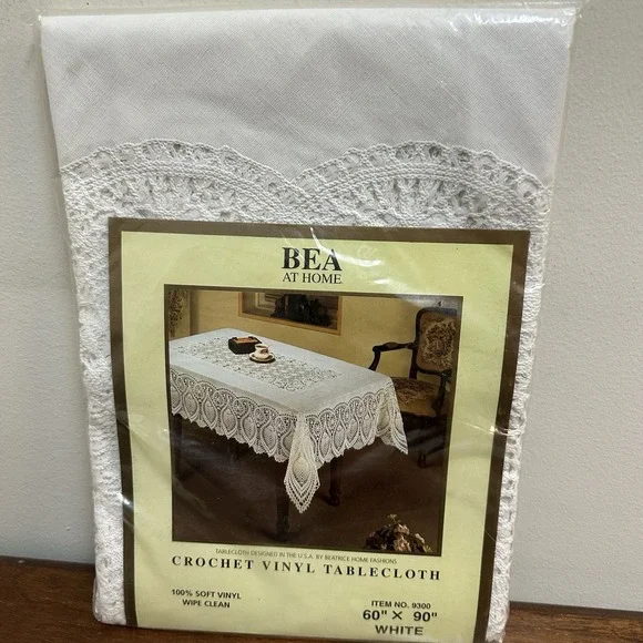 Vintage Crochet Vinyl Tablecloth 60 x 90 White Soft Wipe Clean NEW NOS