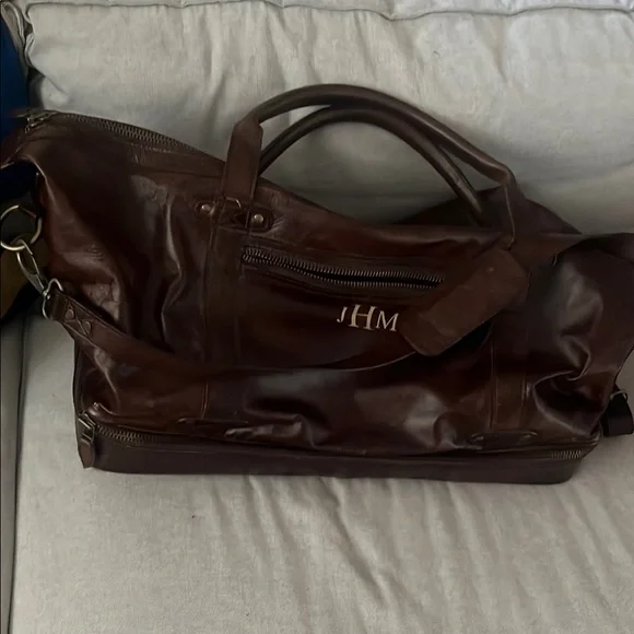 Pottery Barn Grant Dark Brown Leather Duffel Bag with Top Handles.