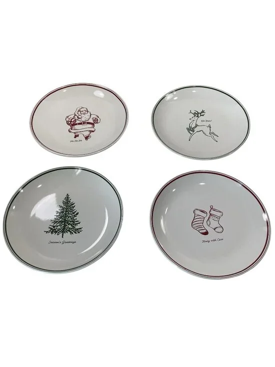 Sur La Table Dessert Plates Set of 4 Joyeux Noel Santa Reindeer Stockings Tree