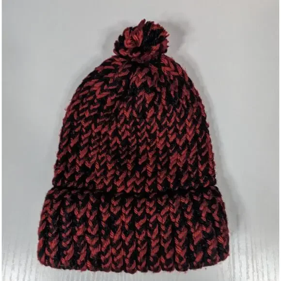 Crochet Hat Youth Size Homeade Red Black Pom Beanie