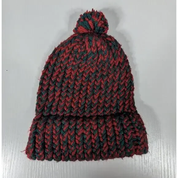 Crochet Hat Youth Size Homeade Red Green Pom Beanie