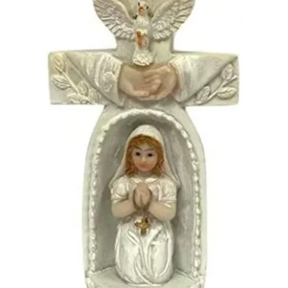 First Communion Praying Girl Inside Cross Figurine Favor Religious Gift