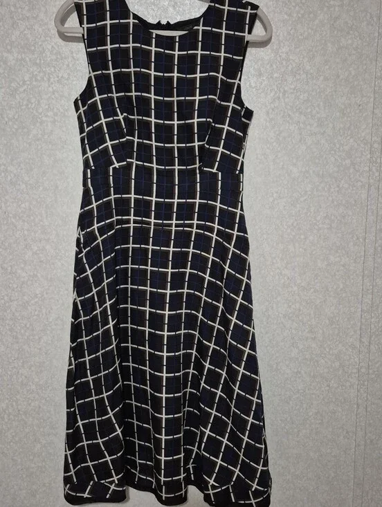 J. Crew Navy and White Windowpane Sleeveless Midi Dress...Size:4 100% Silk