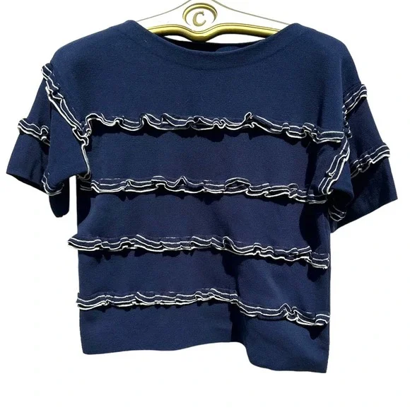 J.Crew - Short Sleeve Ruffled Boat Neck Pullover fine knit Sweater, SizeS