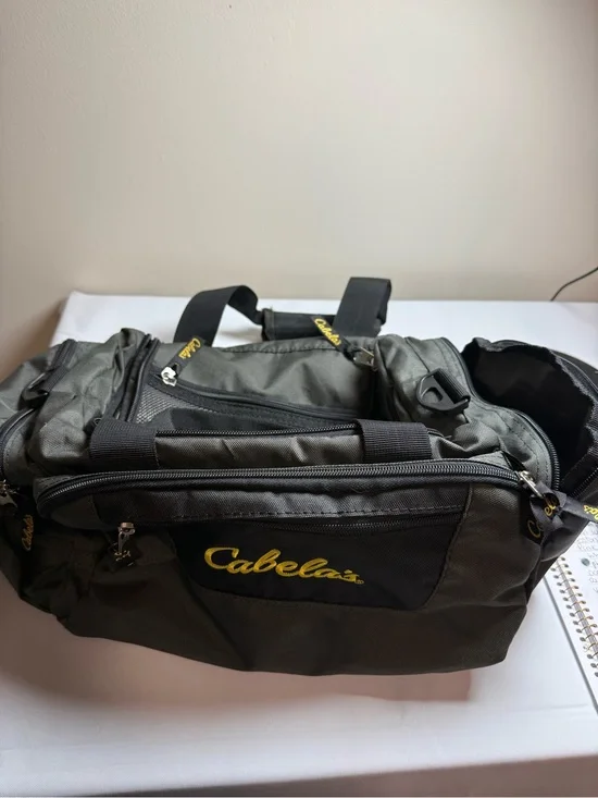 Cabela's Olive Green and Black Duffel Bag with Yellow Logo