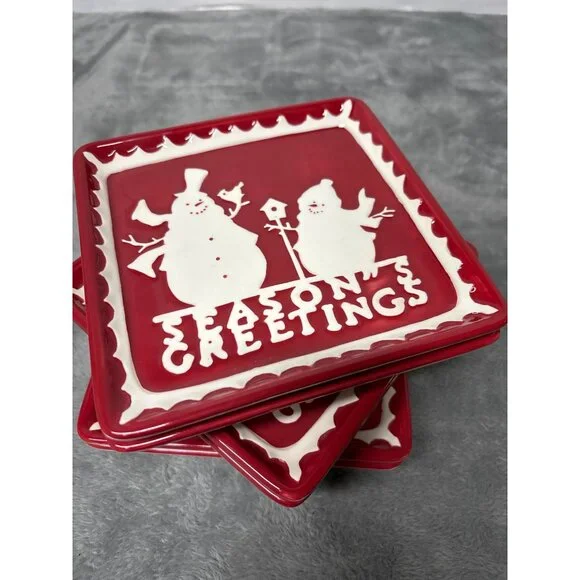 Sur La Table Holiday Dessert Plates Ceramic Seasons Greetings Set of 6 Square