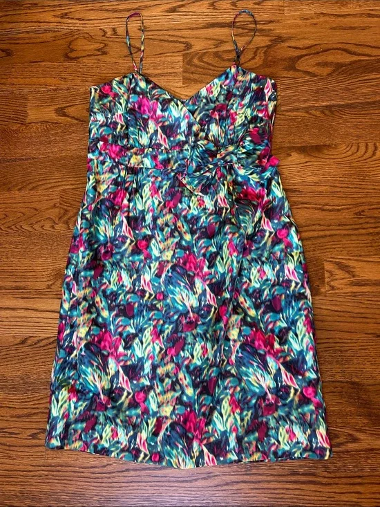 NWT 100% silk J. Crew Collection Green & Pink watercolor dress size 14