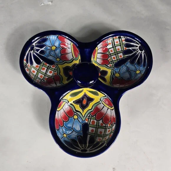 Mexican Talavera Salsera Dip/Chip Bowl Lead Free 1.5x9.5x9.5 Inches Colorful Art