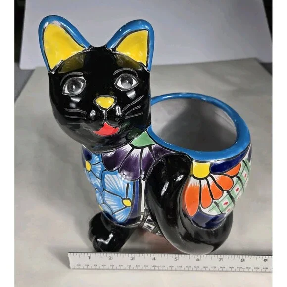 Talavera Cat PlanterMexican Pottery Art Hand Painted Pot 8.5