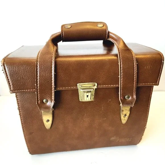 Vintage FOCAL Brown Leather Top & Front Opening Camera Case w/ KEY & Protectors!