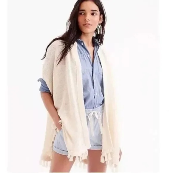 J. Crew 100% Linen Relaxed Fit Kimono Cardigan Tassel Detail Size S/M