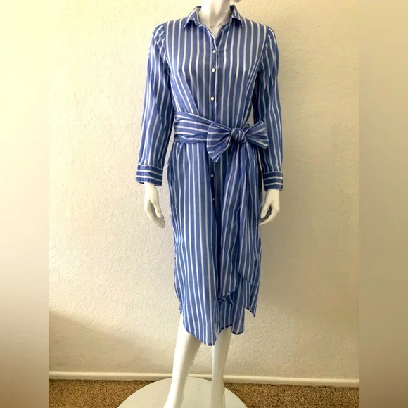 J. Crew Dress Lightweight Stripe Shirt Dress w/Tie Belt Blue & White Size