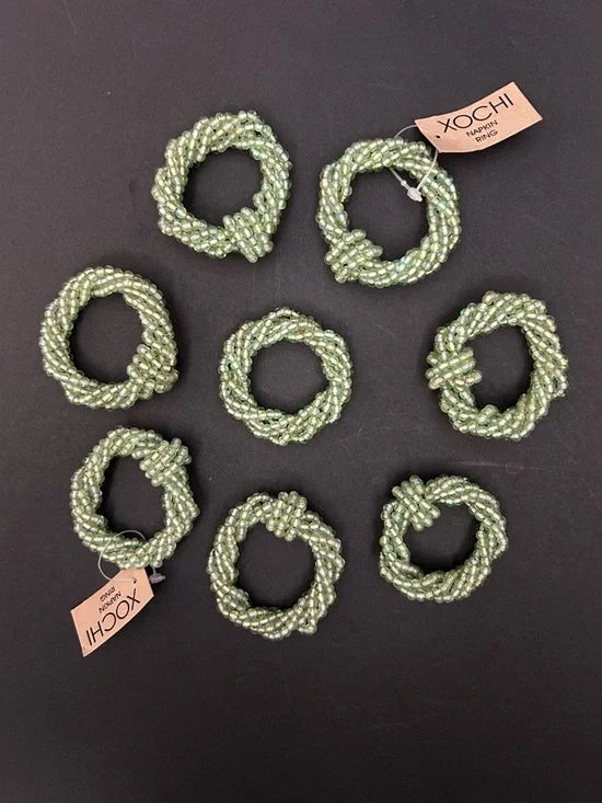 Xochi Green Glass Beaded Napkin Rings, Set of Eight