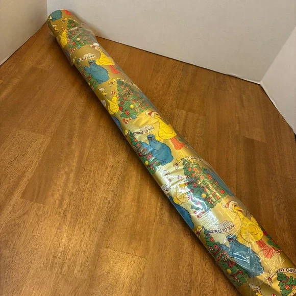 Vintage Sesame Street Christmas Wrapping Paper 24ft Gold Big Bird Cookie Monster