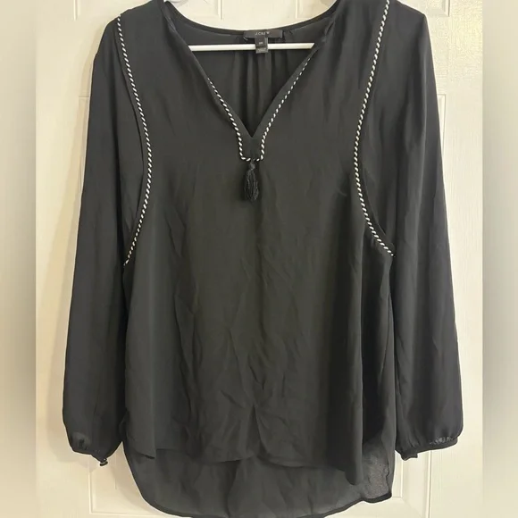 J. Crew Black V-Neck Tassel Tunic with Contrast Braid