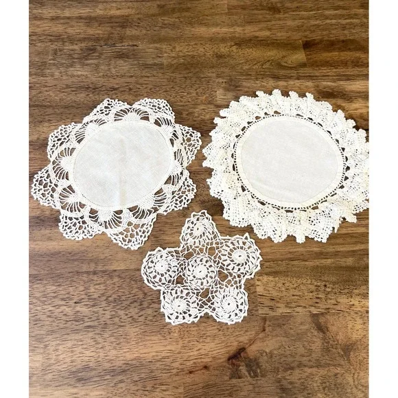 Three vintage lace doilies linen crochet off white cottagecore grandmacore
