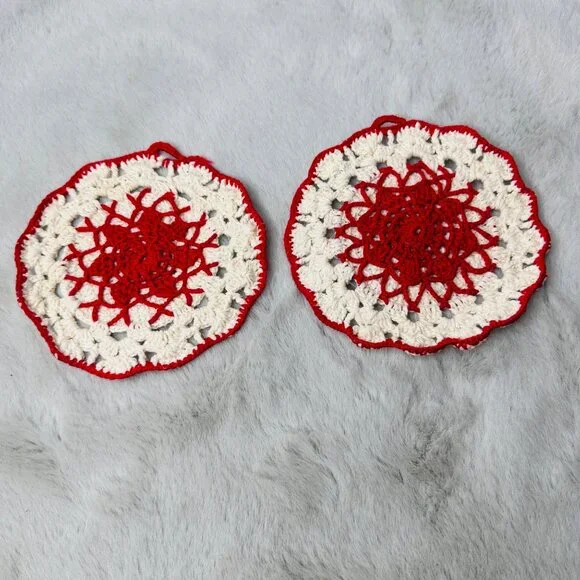 Vintage‎ Crochet Doilies Coaster Holiday Festive Cotton Handmade Red 5Inch