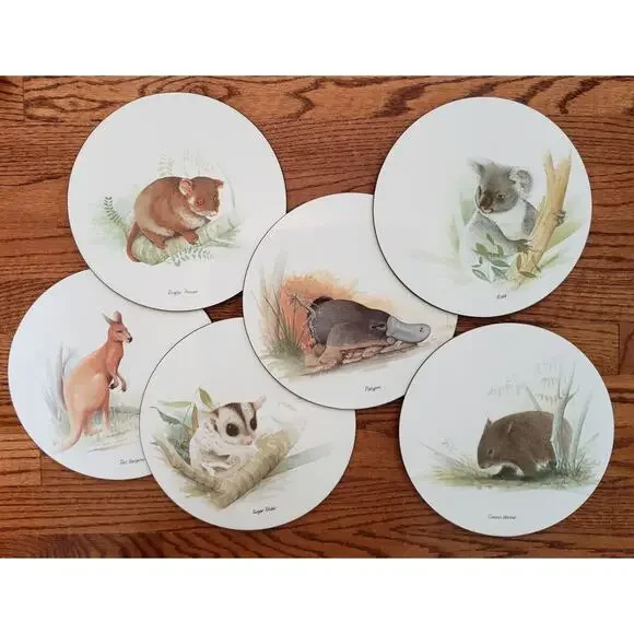 Set of 6 Jason Round Placemats Australian Animals Wakefield Cork Backed w/‎ Box