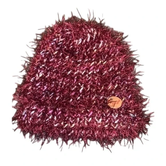 Handmade Knit Beanie Hat Fuzzy Textured Winter Warm‎ Burgundy