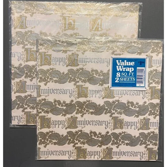 Lot‎ of 2 Vintage Sealed Galaxy Value Gift Wrap Happy Anniversary Gold & Silver