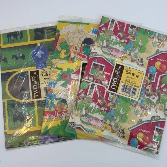 Vintage Gibson Lot of 3 Birthday Gift‎ Wrapping Paper Two BIG Sheets NIP 8 SQ FT