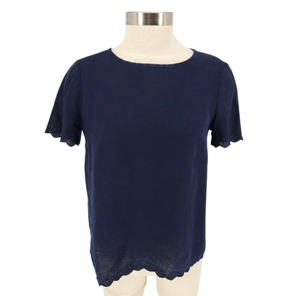 J.CREW Shirt Linen Navy Blue Scalloped Eyelet Tulip Back Short Sleeve Top 0
